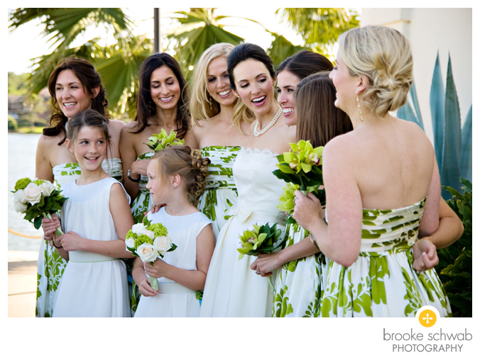 green floral bridesmaids dress group with flower girls