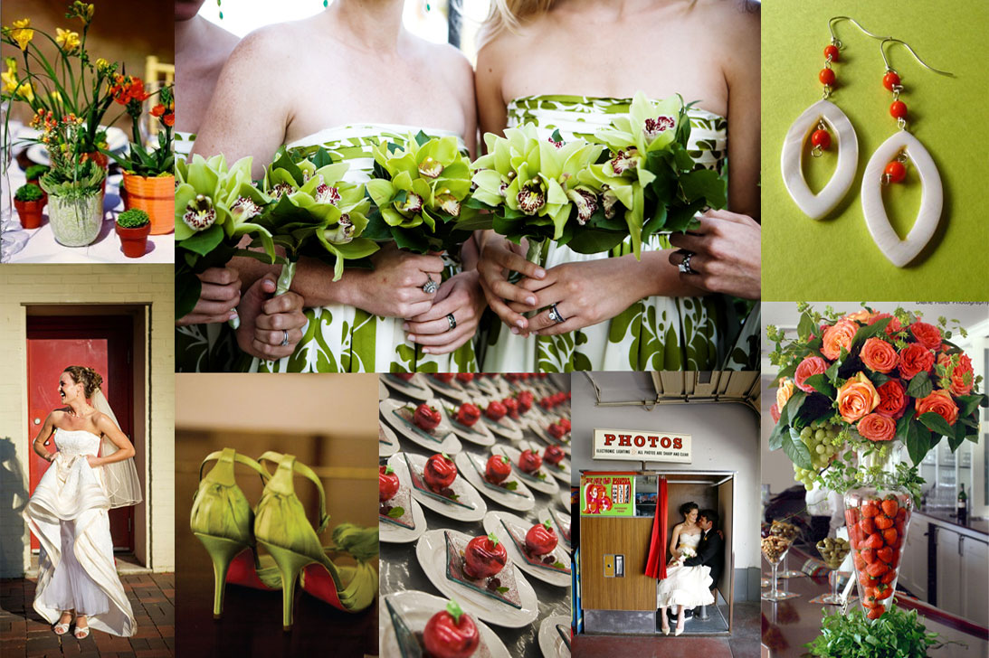 lime green and red wedding inspiration board