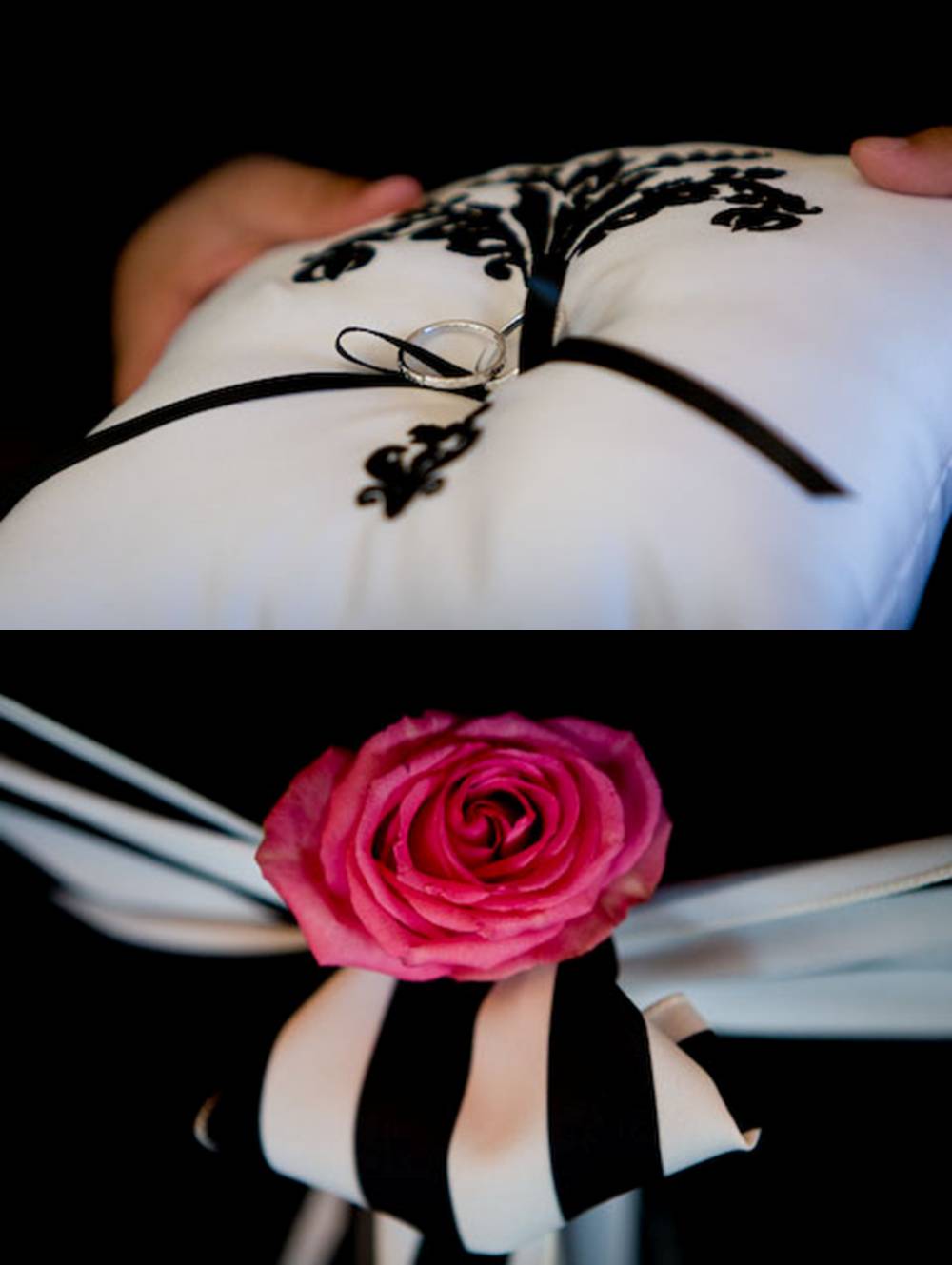 black white and pink wedding details