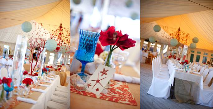 aqua and coral fish wedding reception centerpieces