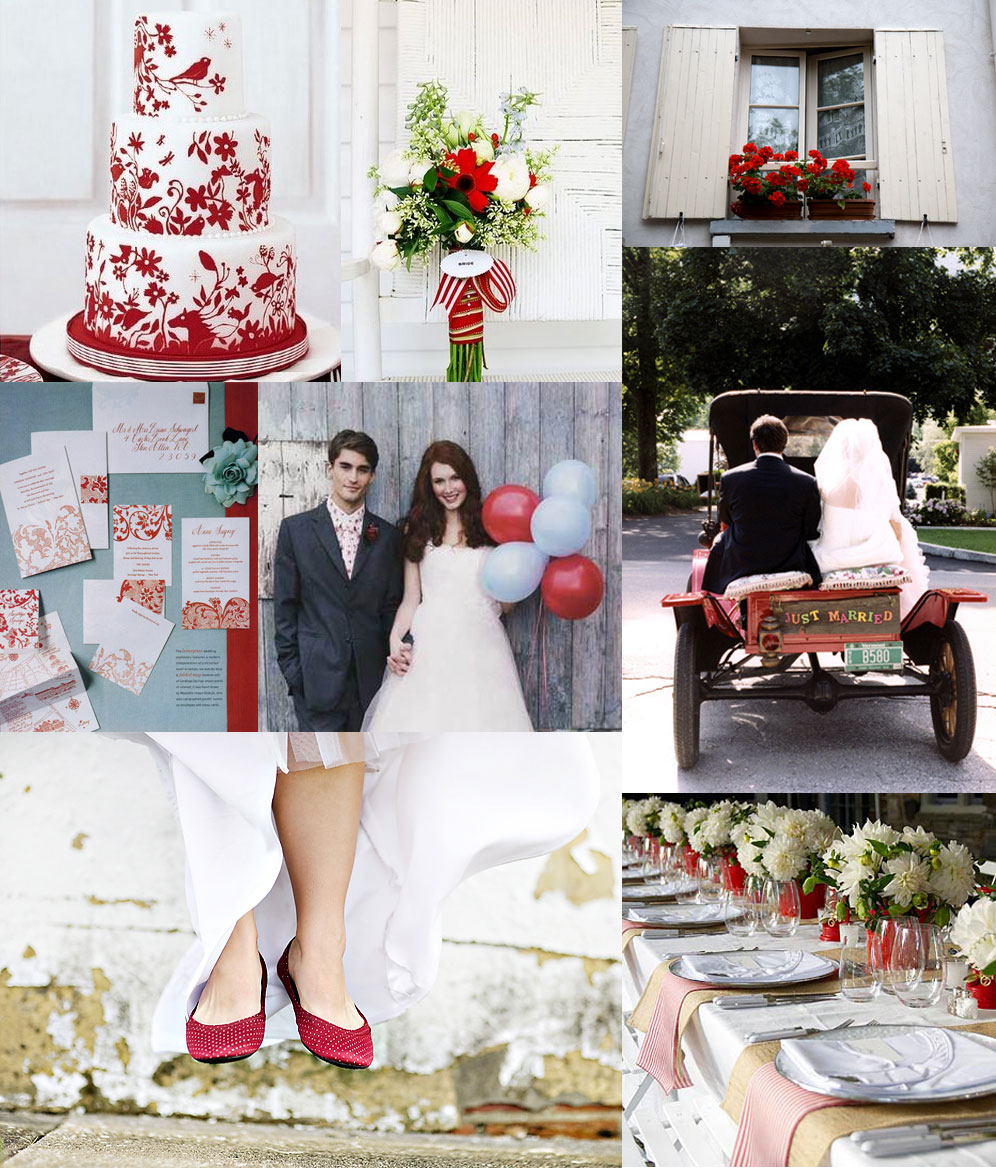 light blue and red wedding inspiration board