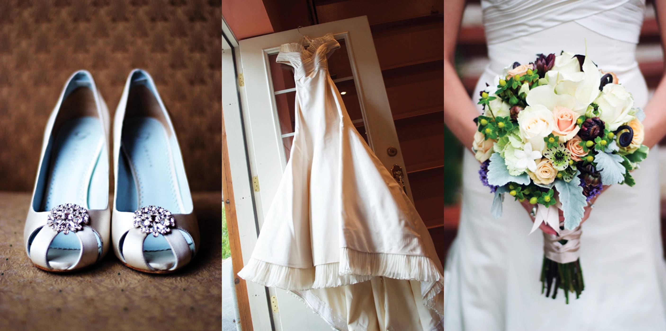 wedding gown, shoes, bouquet