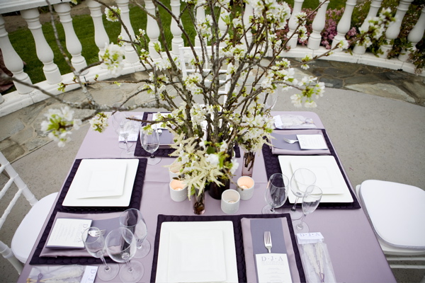 purple tablescape and branch centerpiece