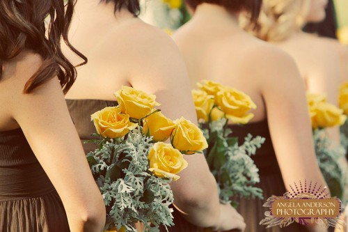 Brown Bridesmaids Dresses Yellow Bouquets