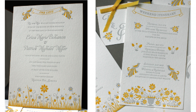 yellow and gray letterpress wedding invitations