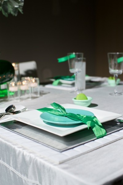 aqua white and kelly green tabletop centerpieces