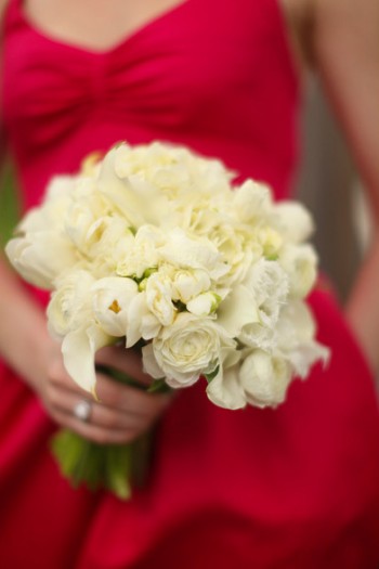 red-bridesmaids-dress-with-fluffy-white-bouquet