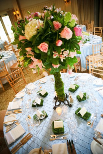 tall-pink-and-green-centerpieces-blue-linens