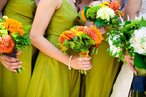 lime-green-bridesmaids-dresses-orange-bouquets