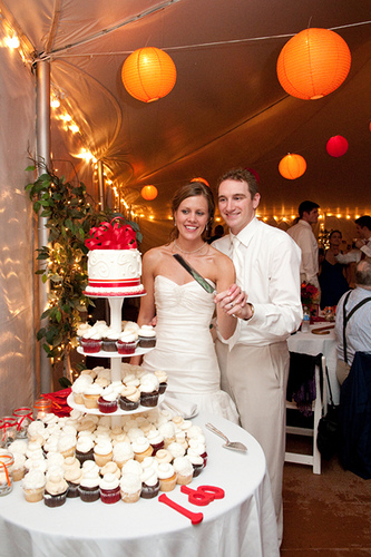 red and orange wedding cupcake tower