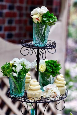 Cupcakes and Flowers in Blue Depression Glass