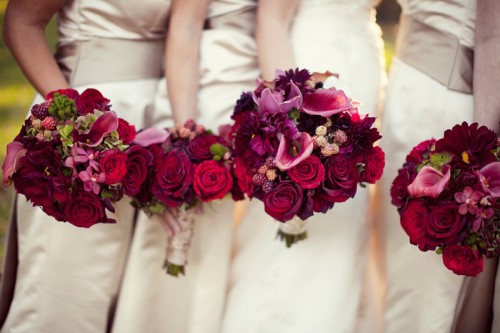bridesmaids-champagne-gowns-raspberry-red-bouquets