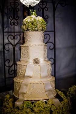 ivory-wedding-cake-with-ribbon-and-green-hydrangea-topper