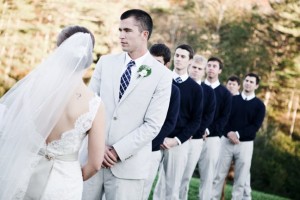 Groomsmen in Navy Sweaters and Khakis