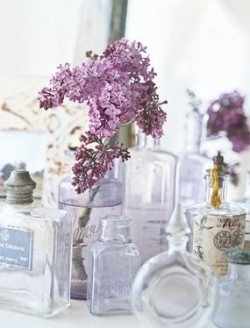 Lilac and Lavender Flowers in Vintage Jars