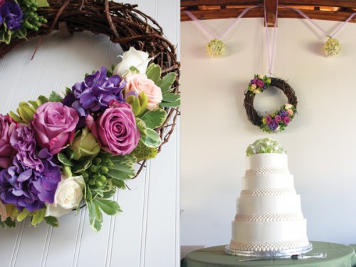 Purple and Green Floral Wedding Wreath Cake Table Decor