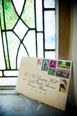 Wedding Invitations with Calligraphy and Vintage Stamps
