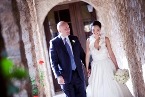 Bride and Groom in Stone Walkway