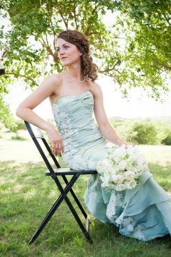 Bride in Blue Gown and White Peony Bouquet