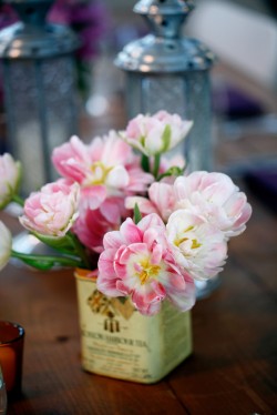 Pink Flowers in Vintage Tin Vase