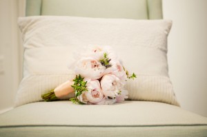 Pink Peony Bouquet with Peach Ribbon