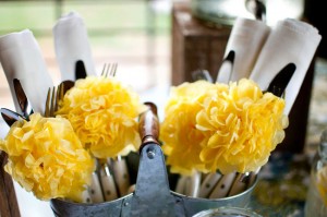 Rolled Silverware in Pail with Tissue Paper Flower Poms