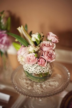 Pink Roses in Lace Wrapped Vase