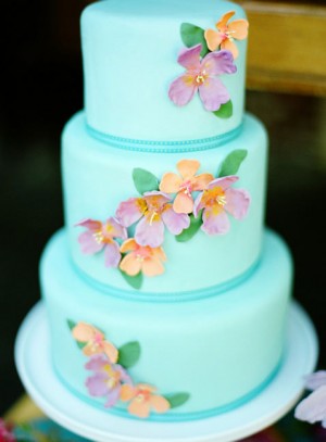 Tropical Blue Pink and Orange Wedding Cake