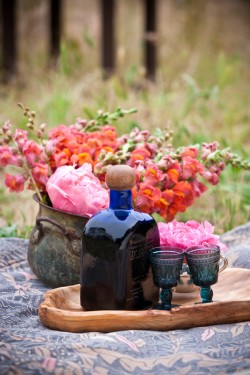 Blue Goblets and Poppy Centerpiece