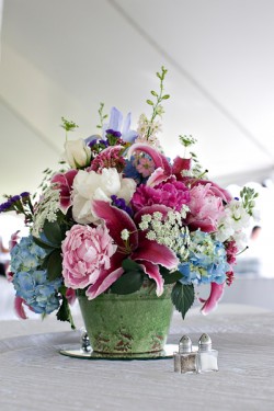 Blue Hydrangea Low Wedding Centerpiece