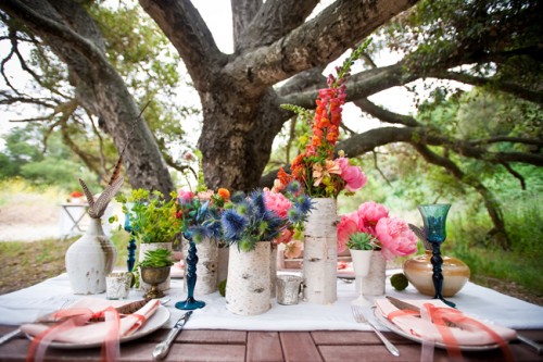 Multicolored Flowers in Birch Covered Vases