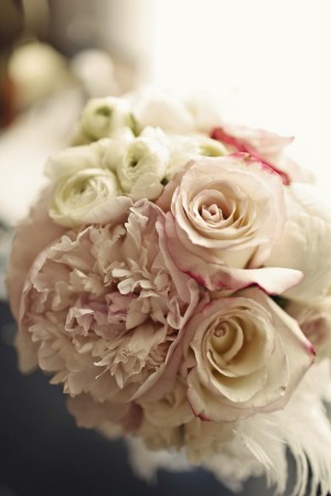 Pink Rose White Peony Bridal Bouquet with Feathers
