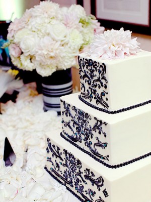 White Cake with Black Scroll Pattern