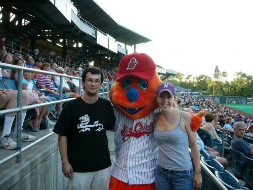 Jon and me with Scooch, the Syracuse Skychiefs mascot, a few weeks into graduate school
