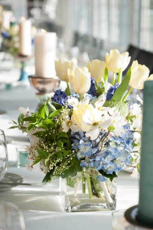 Blue-Hydrangea-White-Tulip-Centerpiece