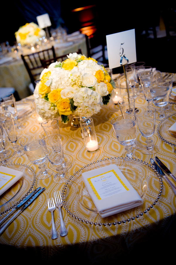 Yellow-White-Table-Linens-and-Centerpiece