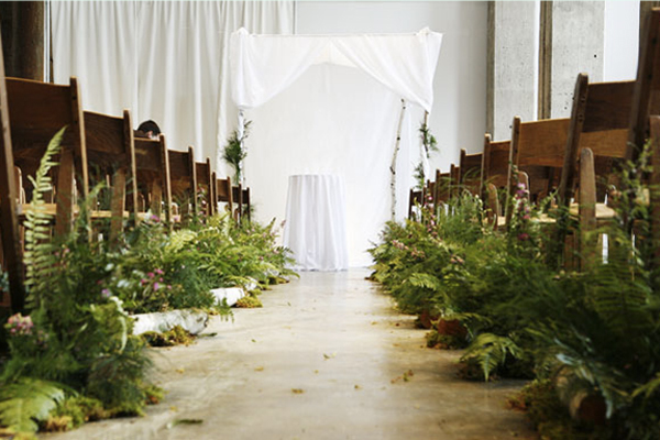 Woodsy-Fern-Lined-Wedding-Ceremony-Aisle