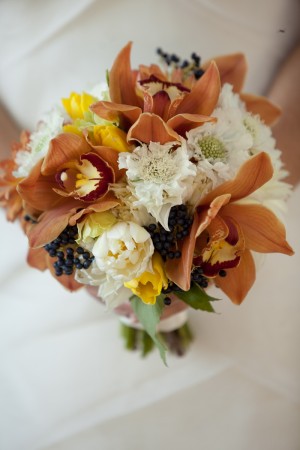 Orange and Navy Orchid and Scabiosa Wedding Bouquet