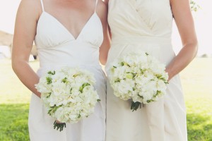 White Bridesmaids Dresses and Bouquets