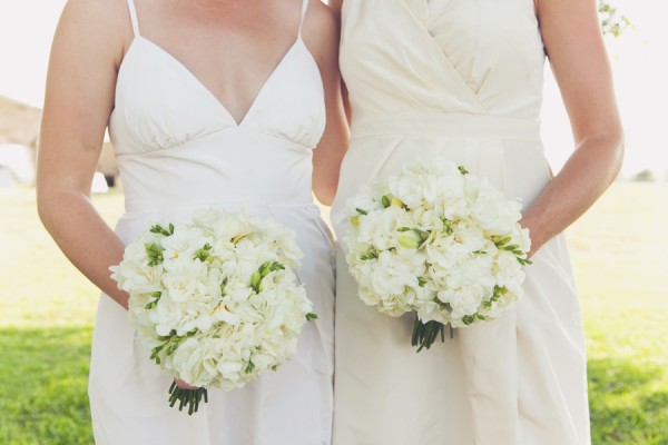 White Bridesmaids Dresses and Bouquets