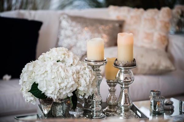 Elegant Hydrangea and Mercury Glass Pillar Candle Centerpiece