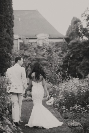 Bride and Groom in the Garden in Black and White