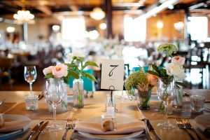 Casual Reception Table Flowers in Vintage Vases