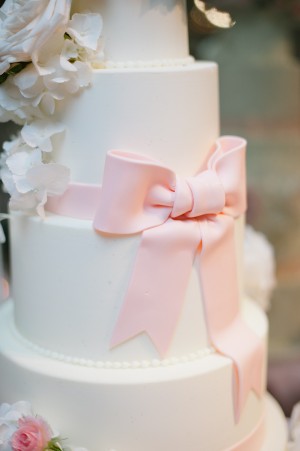 Five Tier Round Fondant Wedding Cake With Pink Bow 1
