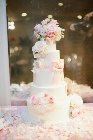 Five Tier Round Fondant Wedding Cake With Pink Bow