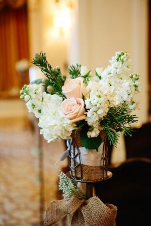 Hydrangea and Rose Ceremony Arrangements in Burlap Vases