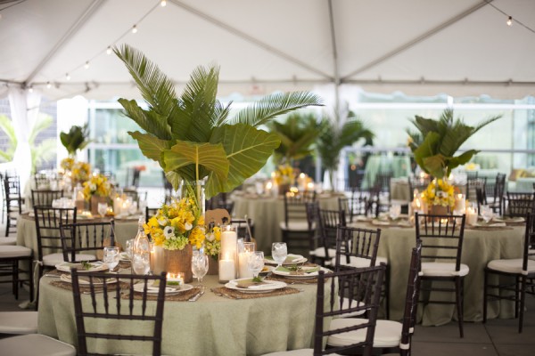 Palm and Yellow Floral Reception Centerpieces