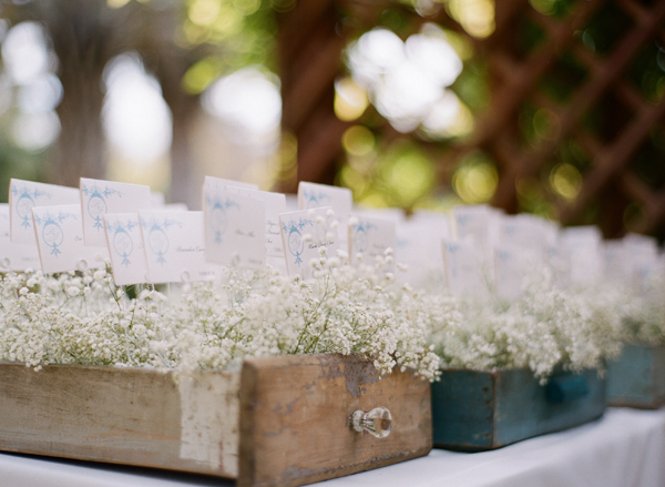 Place Cards in Wooden Drawers With Babys Breath
