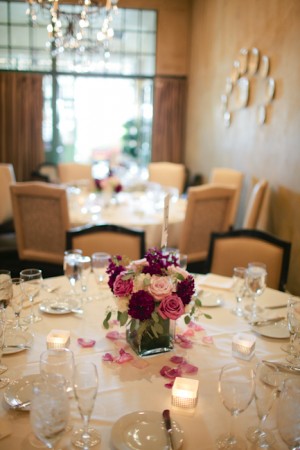 Purple and Pink Rose and Hydrangea Reception Centerpiece 1