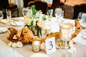 Reception Centerpiece With Grape Wood and Mercury Glass